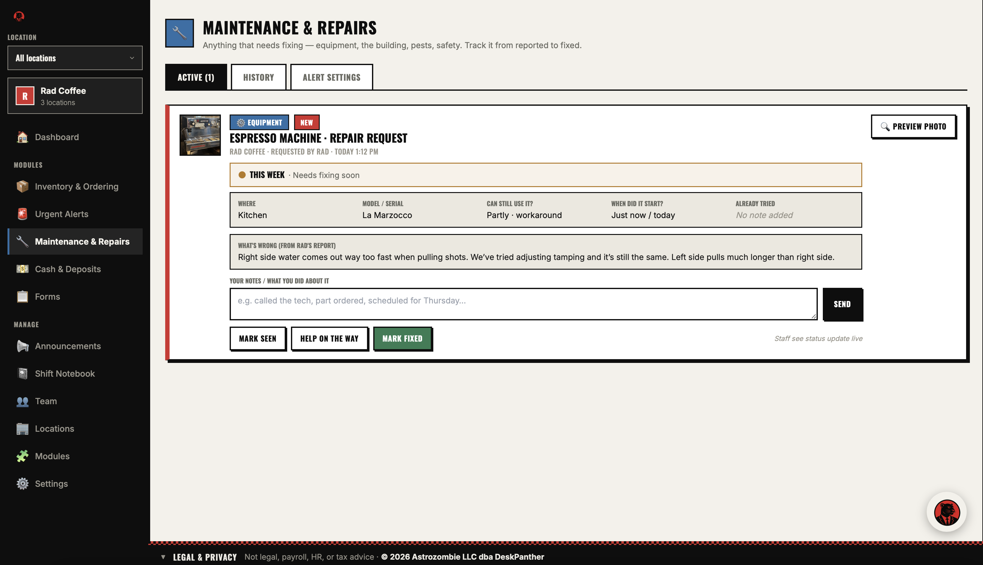 Owner repair dashboard with status buttons