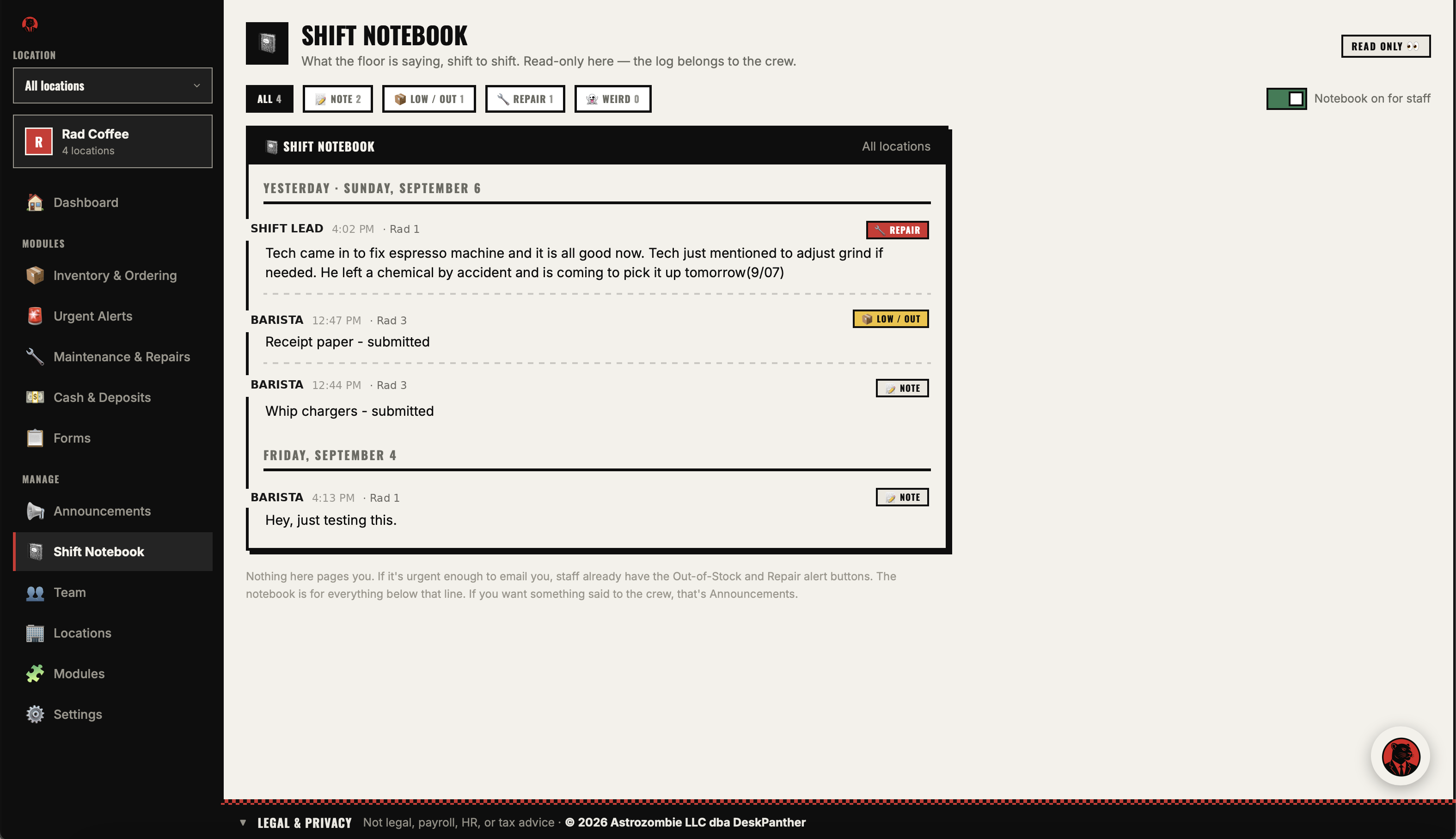 Owner read-only shift notebook view